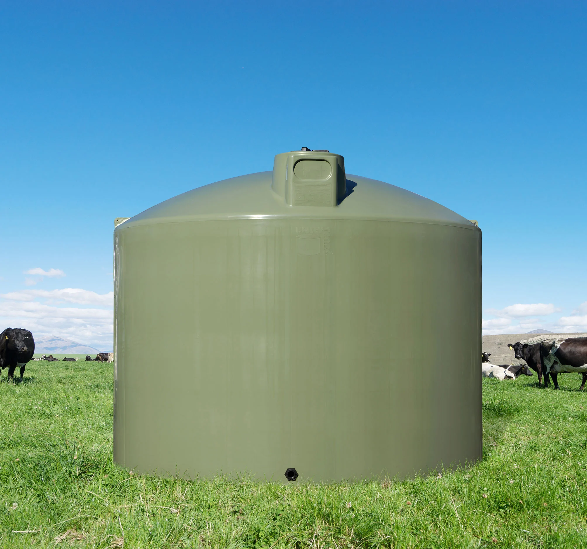 A large olive-green BAILEY plastic water tank standing in a Taranaki paddock with grazing cattle